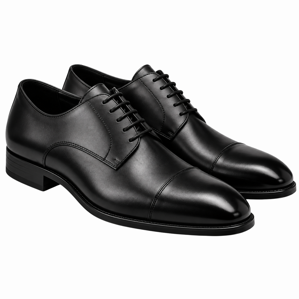 Premium Black Leather Cap-Toe Derby Shoes | HUURPOUR