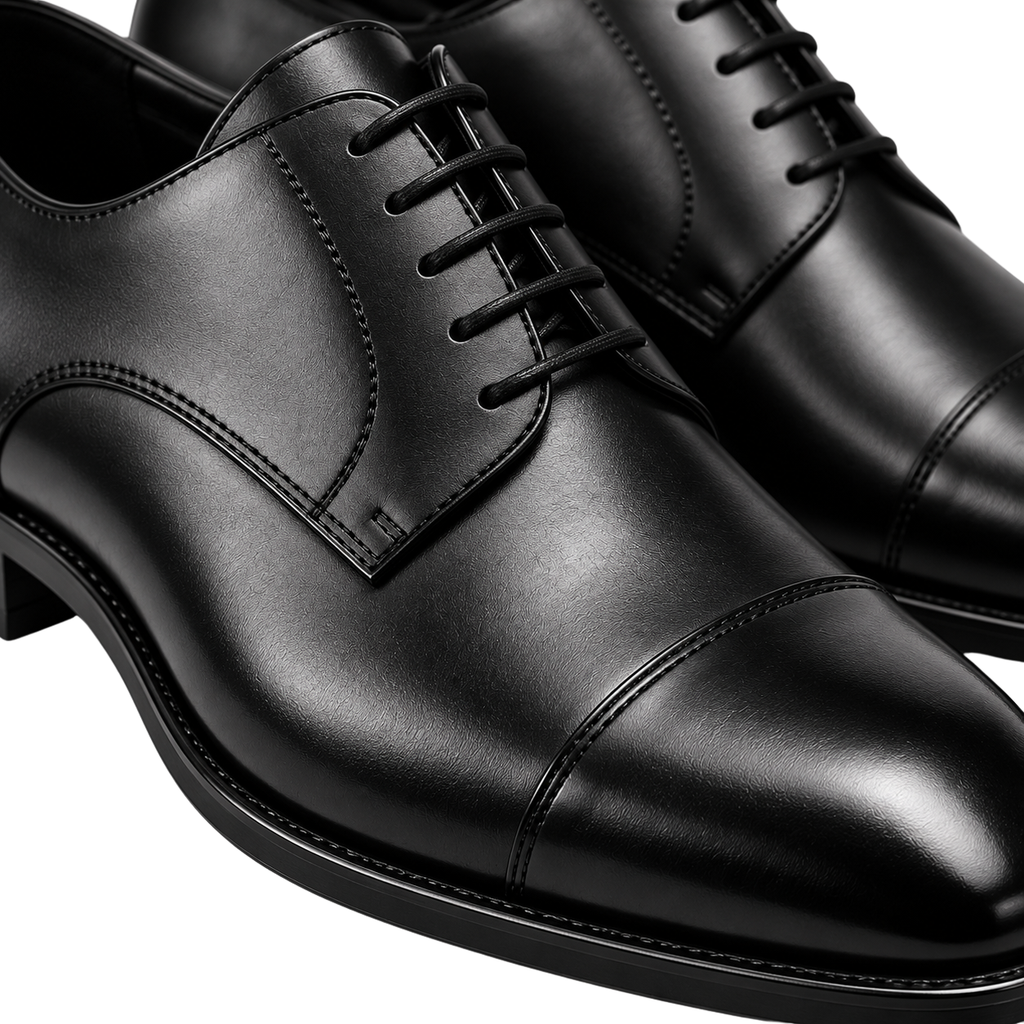 Premium Black Leather Cap-Toe Derby Shoes | HUURPOUR