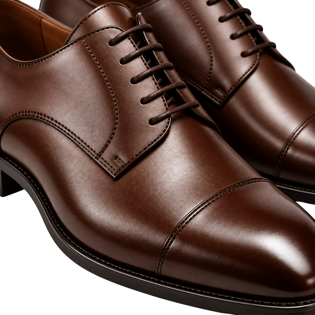 Premium Brown Leather Cap-Toe Derby Shoes | HUURPOUR
